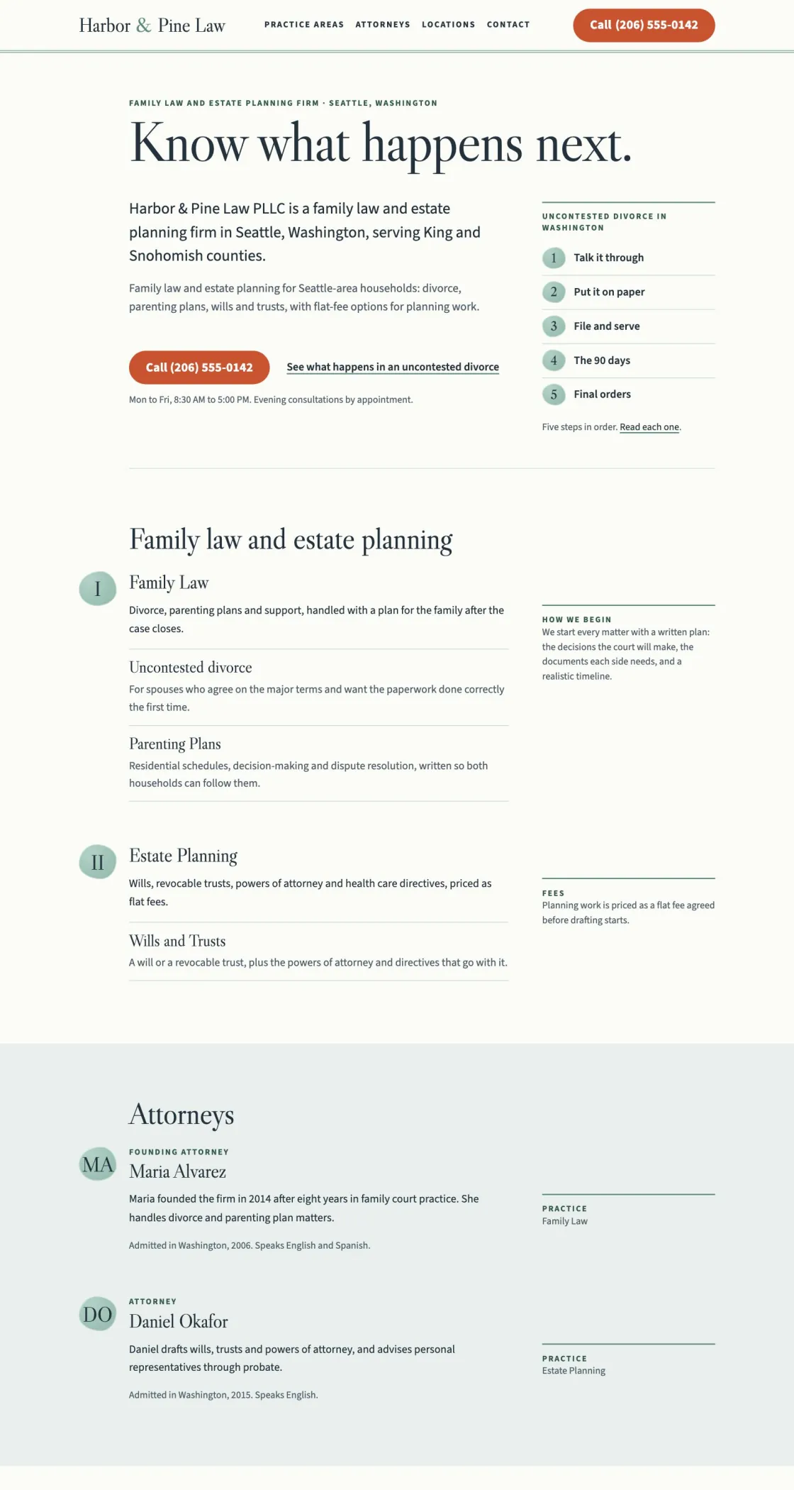 Concept home page for Harbor and Pine Law, a fictional law firm, on a desktop screen