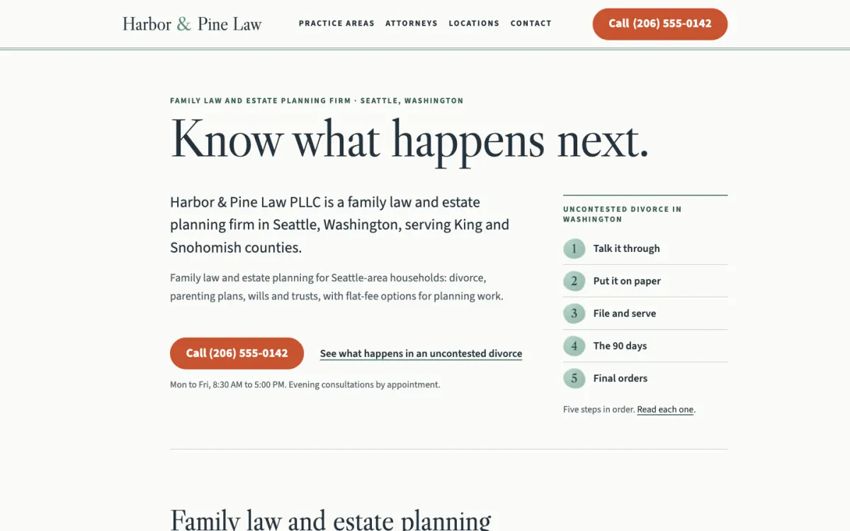 Screenshot of the concept website for Harbor & Pine Law, a fictional law firm in Seattle.